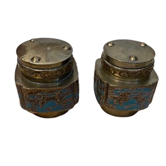 Pair of Vintage Brass Chinese Urn Snuff Brass & Enamel Lidded Trinket Tea Jar - Picture 4 of 11